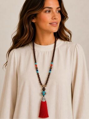 Boho Red Tassel Beaded Necklace with Turquoise Accents